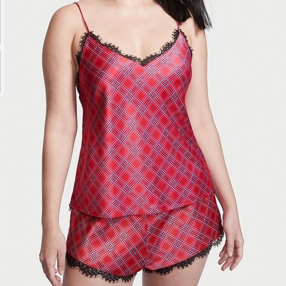 NWT Victoria’s Secret 2 Pc M L XL LUXE SATIN Stretch Lace Back Cami Set Plaid - Picture 2 of 4